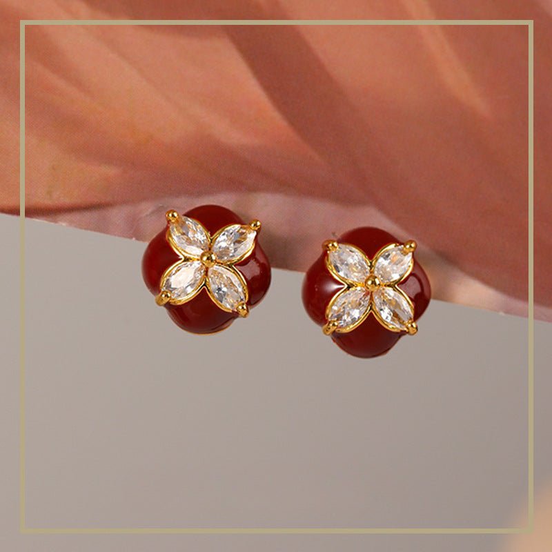 Elegant and noble retro four - leaf clover zircon red oil drop earrings - jewelry - weilin.com