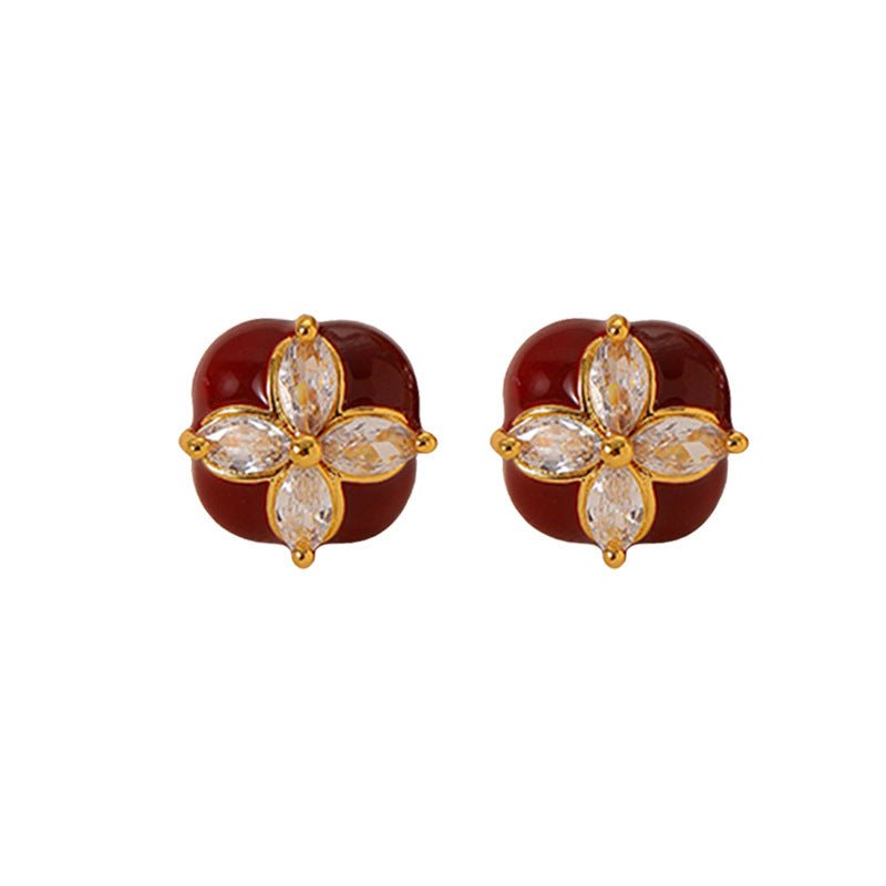 Elegant and noble retro four - leaf clover zircon red oil drop earrings - jewelry - weilin.com