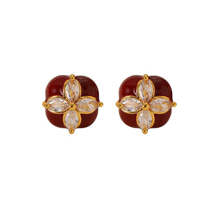 Elegant and noble retro four - leaf clover zircon red oil drop earrings - jewelry - weilin.com