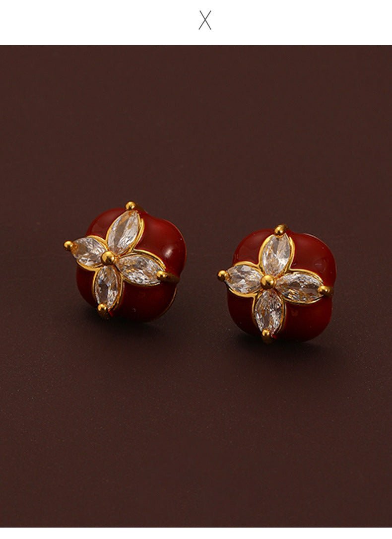 Elegant and noble retro four - leaf clover zircon red oil drop earrings - jewelry - weilin.com