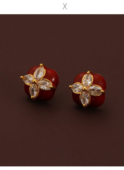 Elegant and noble retro four - leaf clover zircon red oil drop earrings - jewelry - weilin.com