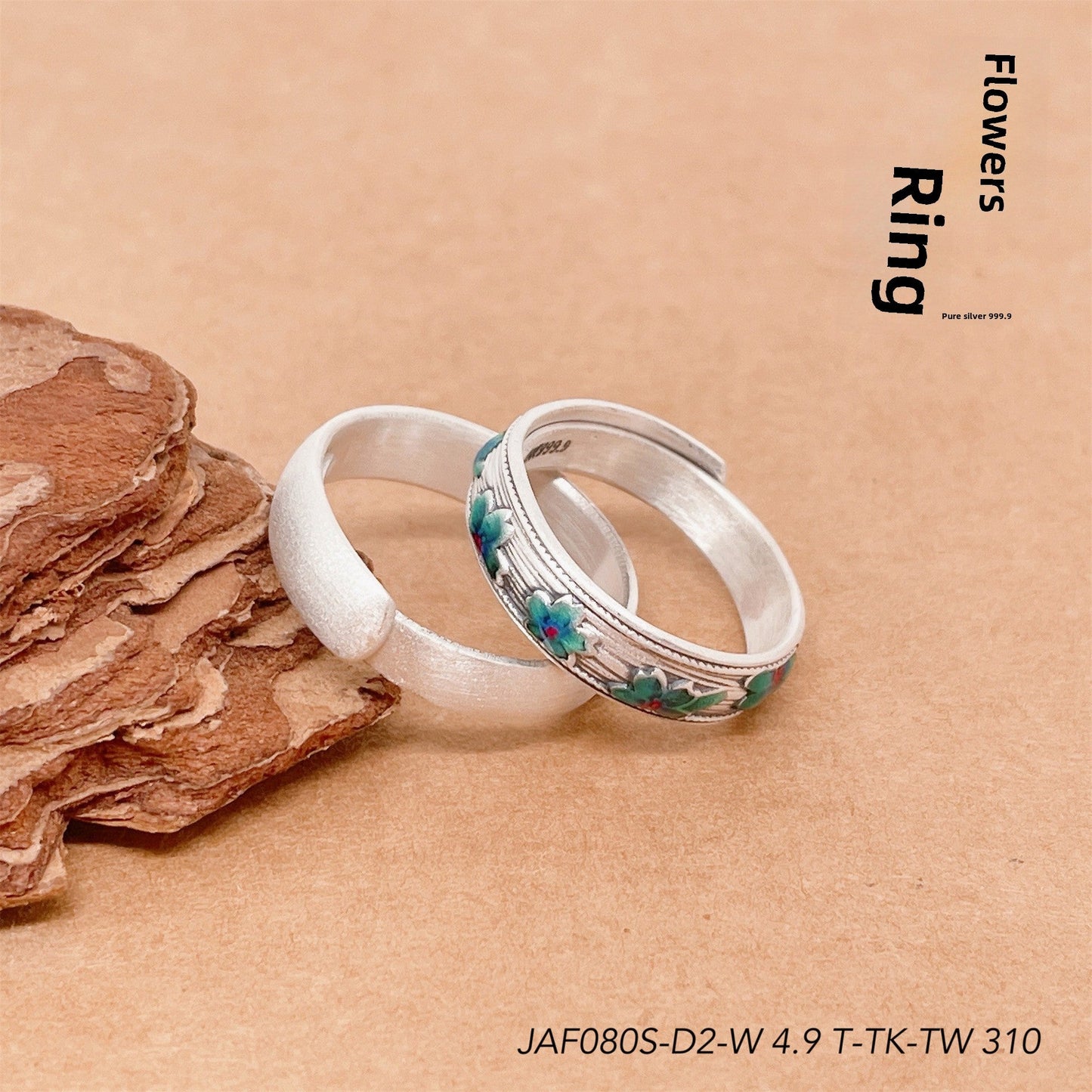 Enamel bamboo leaf and peach flower sterling silver ring - jewelry - weilin.com