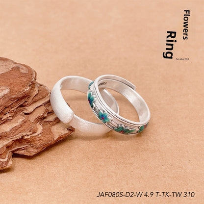 Enamel bamboo leaf and peach flower sterling silver ring - jewelry - weilin.com