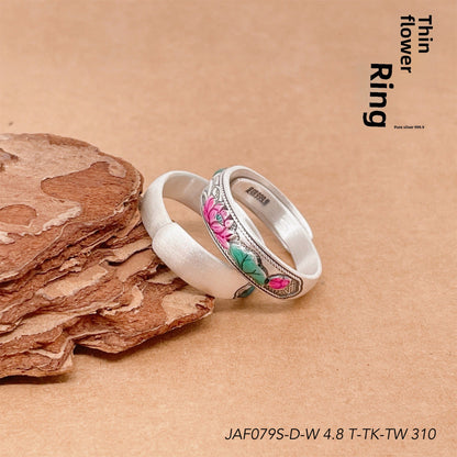 Enamel bamboo leaf and peach flower sterling silver ring - jewelry - weilin.com