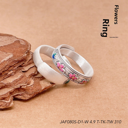 Enamel bamboo leaf and peach flower sterling silver ring - jewelry - weilin.com
