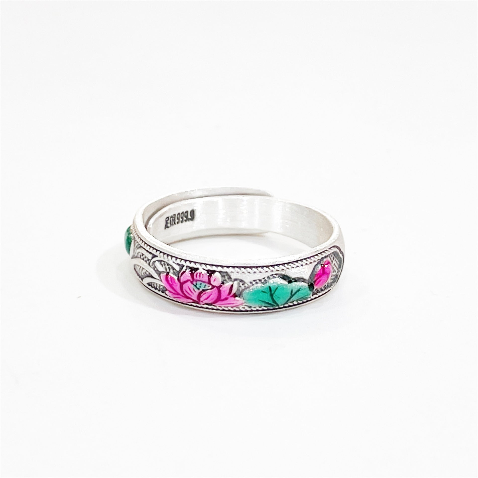 Enamel bamboo leaf and peach flower sterling silver ring - jewelry - weilin.com