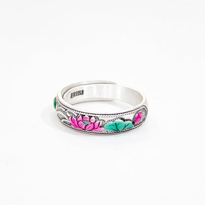 Enamel bamboo leaf and peach flower sterling silver ring - jewelry - weilin.com