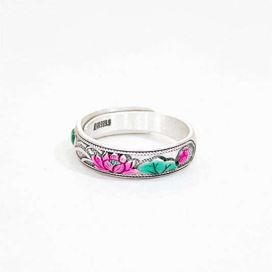 Enamel bamboo leaf and peach flower sterling silver ring - jewelry - weilin.com