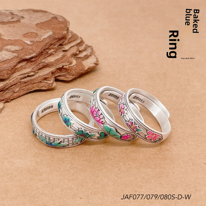 Enamel bamboo leaf and peach flower sterling silver ring - jewelry - weilin.com