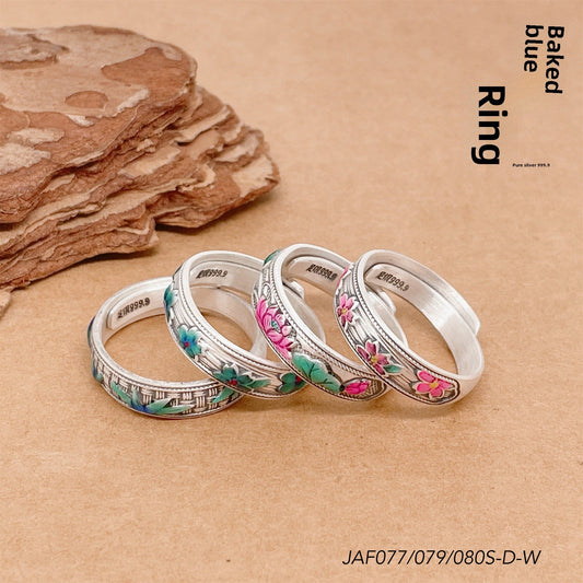 Enamel bamboo leaf and peach flower sterling silver ring - jewelry - weilin.com