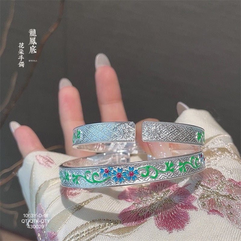 Enamel butterfly, flower, dragon and phoenix sterling silver bracelet - jewelry - weilin.com