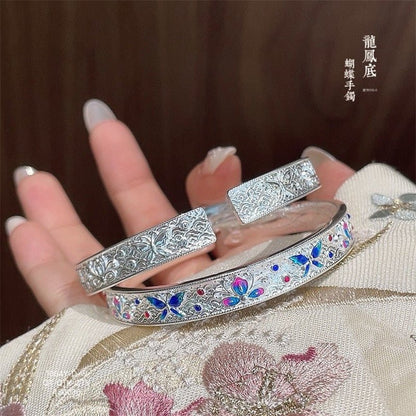 Enamel butterfly, flower, dragon and phoenix sterling silver bracelet - jewelry - weilin.com