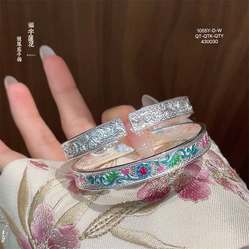 Enamel butterfly, flower, dragon and phoenix sterling silver bracelet - jewelry - weilin.com