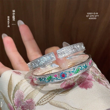 Enamel butterfly, flower, dragon and phoenix sterling silver bracelet - jewelry - weilin.com