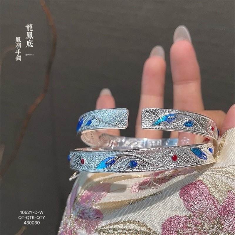 Enamel butterfly, flower, dragon and phoenix sterling silver bracelet - jewelry - weilin.com