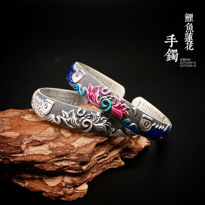 Enamel Carp Heart Sutra Sterling Silver Bracelet - jewelry - weilin.com