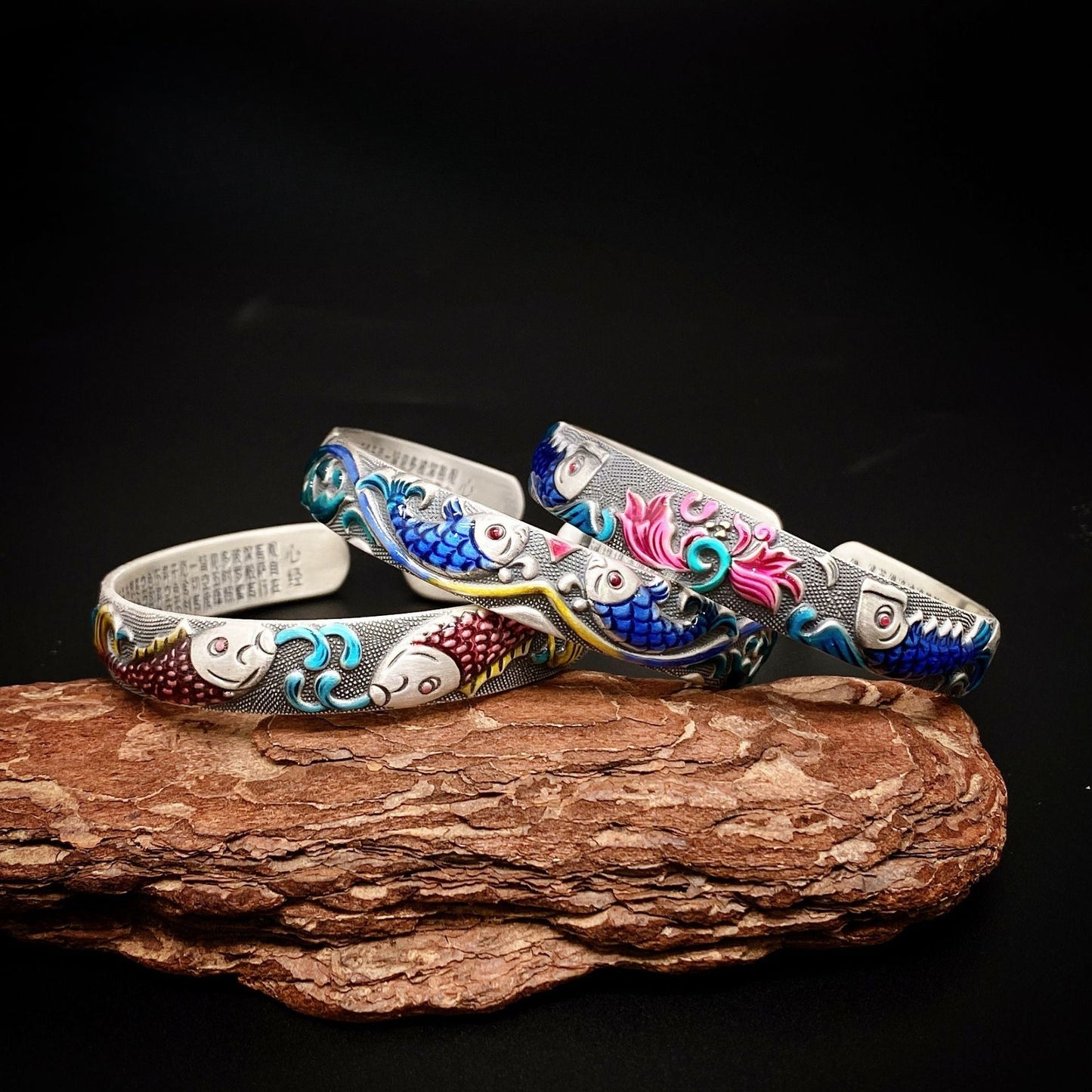 Enamel Carp Heart Sutra Sterling Silver Bracelet - jewelry - weilin.com
