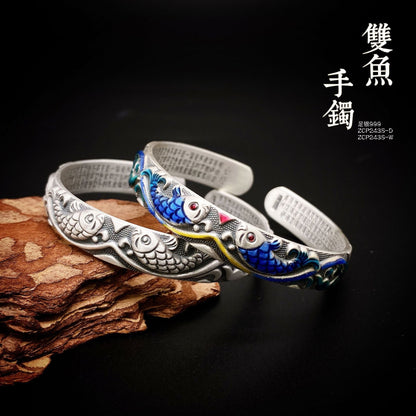 Enamel Carp Heart Sutra Sterling Silver Bracelet - jewelry - weilin.com