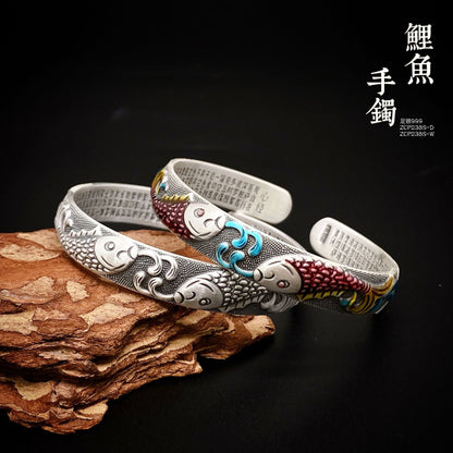 Enamel Carp Heart Sutra Sterling Silver Bracelet - jewelry - weilin.com