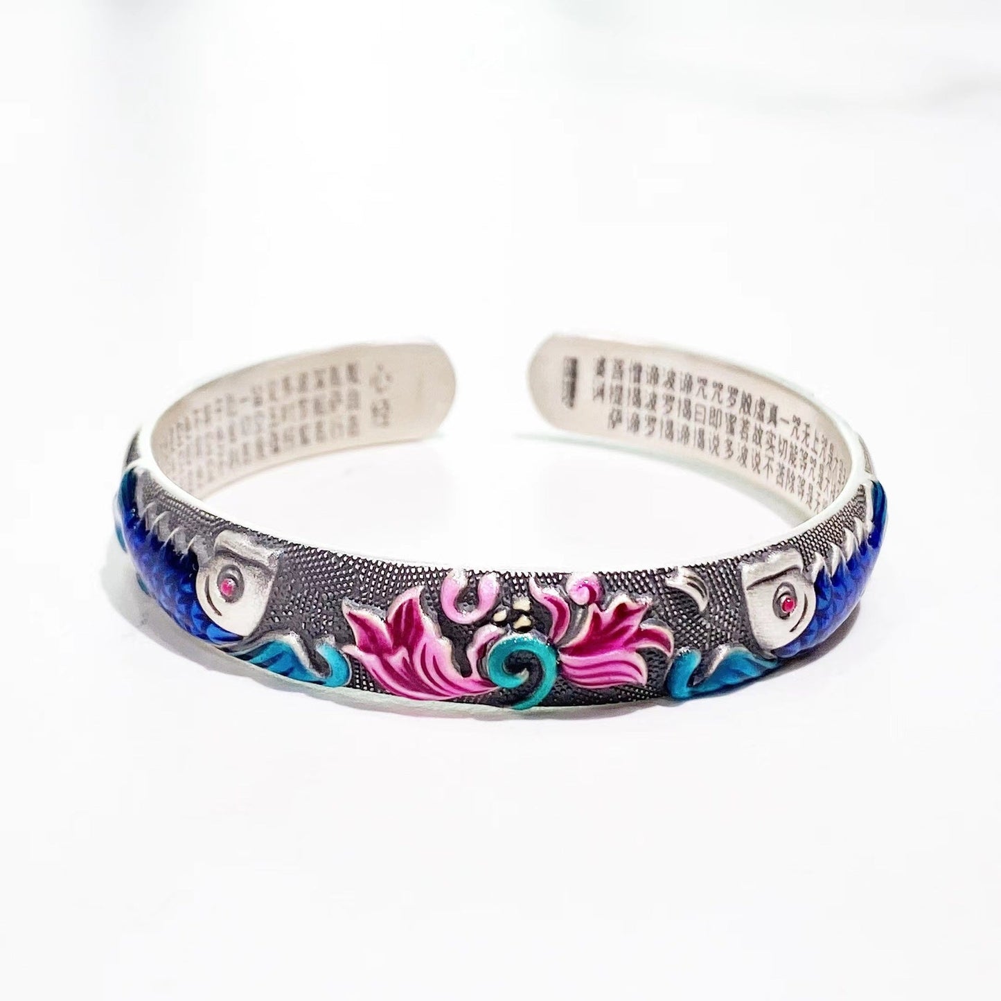 Enamel Carp Heart Sutra Sterling Silver Bracelet - jewelry - weilin.com