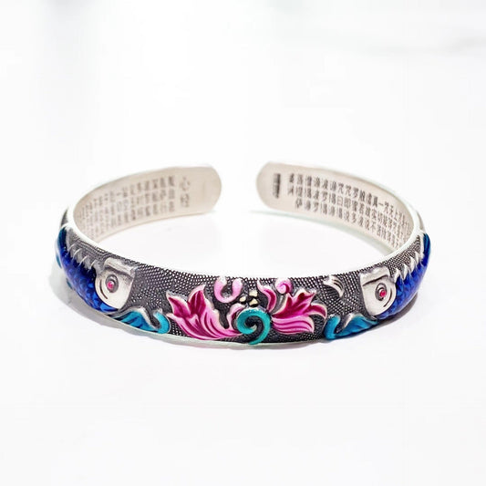 Enamel Carp Heart Sutra Sterling Silver Bracelet - jewelry - weilin.com