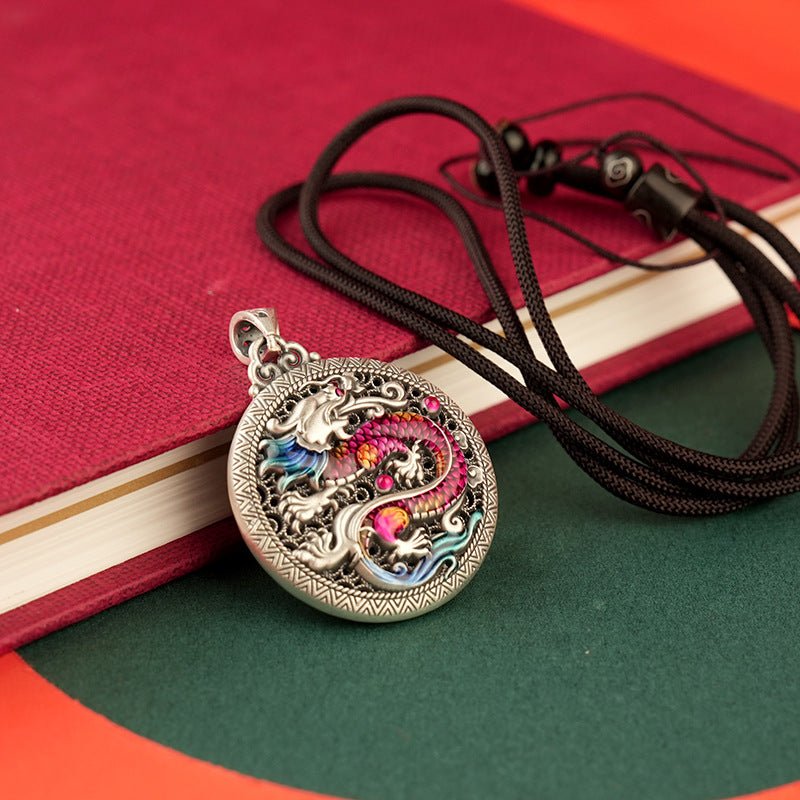 Enamel dragon playing with pearl sterling silver pendant - jewelry - weilin.com