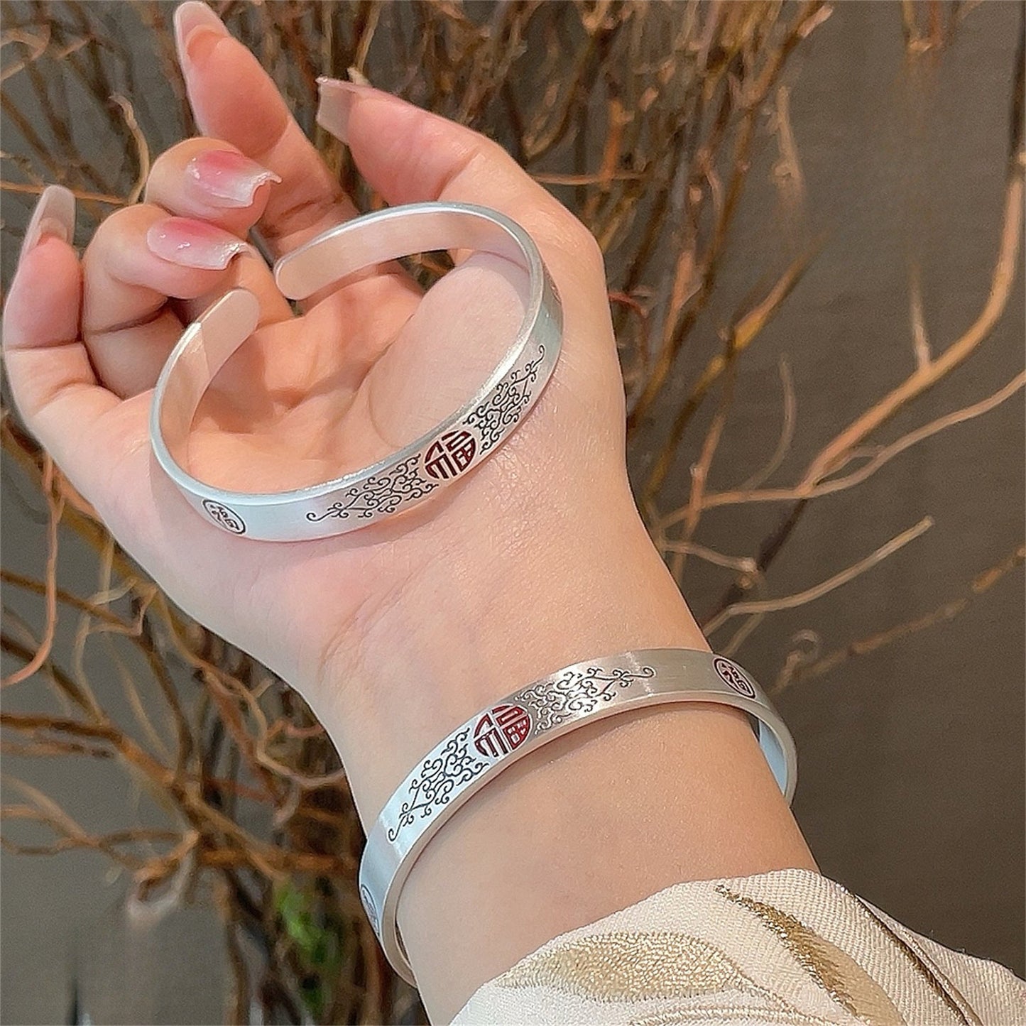 Enamel red "Fu" character plain silver bracelet - jewelry - weilin.com