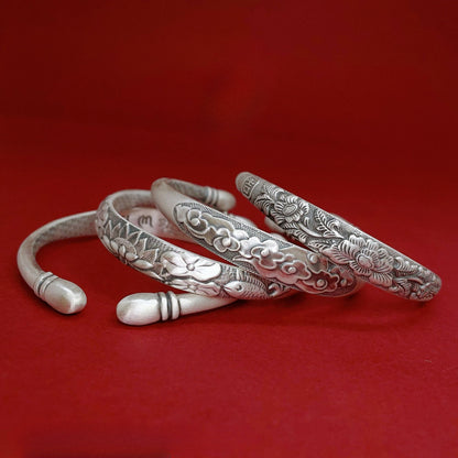 Ethnic floral relief sterling silver bracelet - jewelry - weilin.com