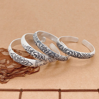 Ethnic style lotus peony sterling silver bracelet - jewelry - weilin.com