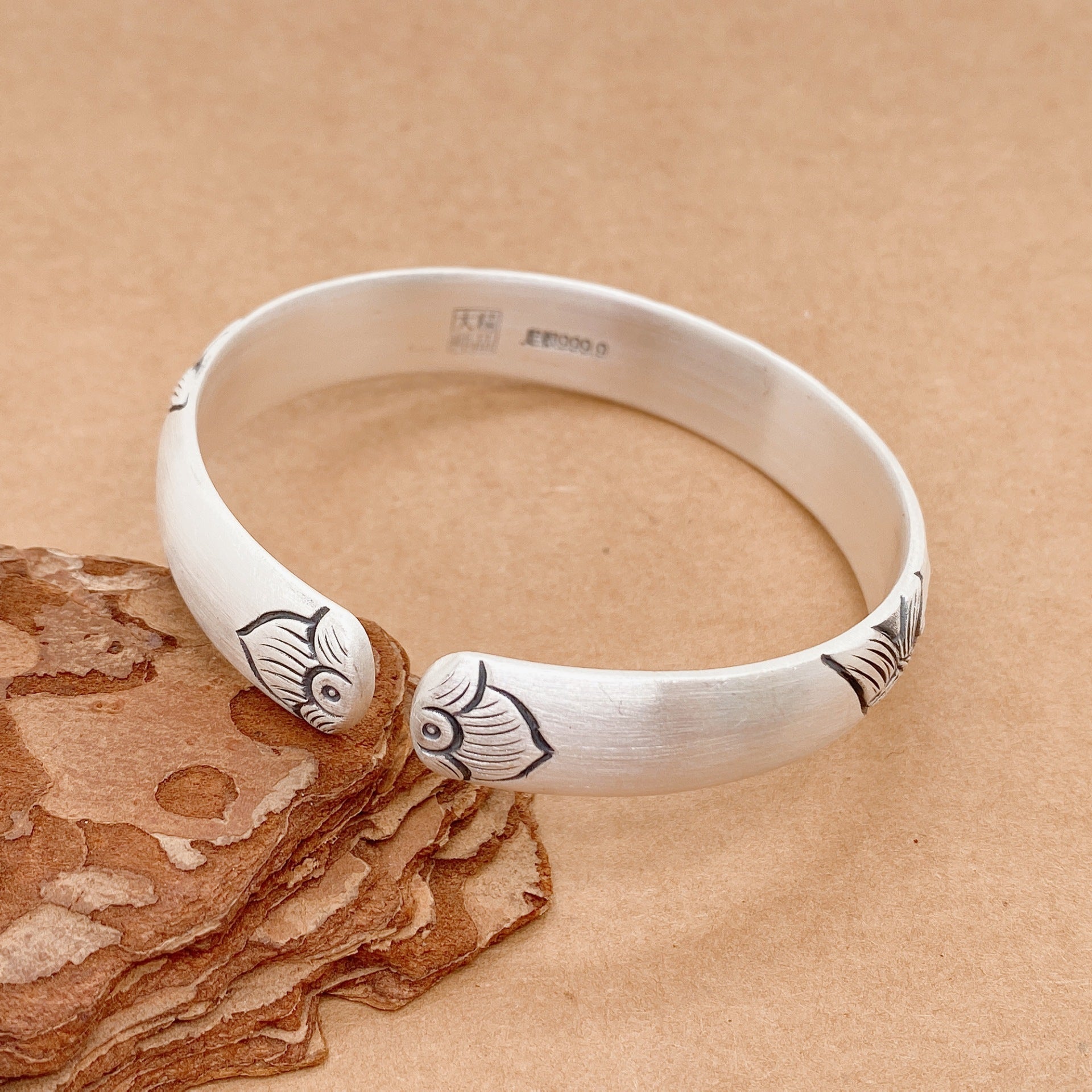 Ethnic style lotus peony sterling silver bracelet - jewelry - weilin.com