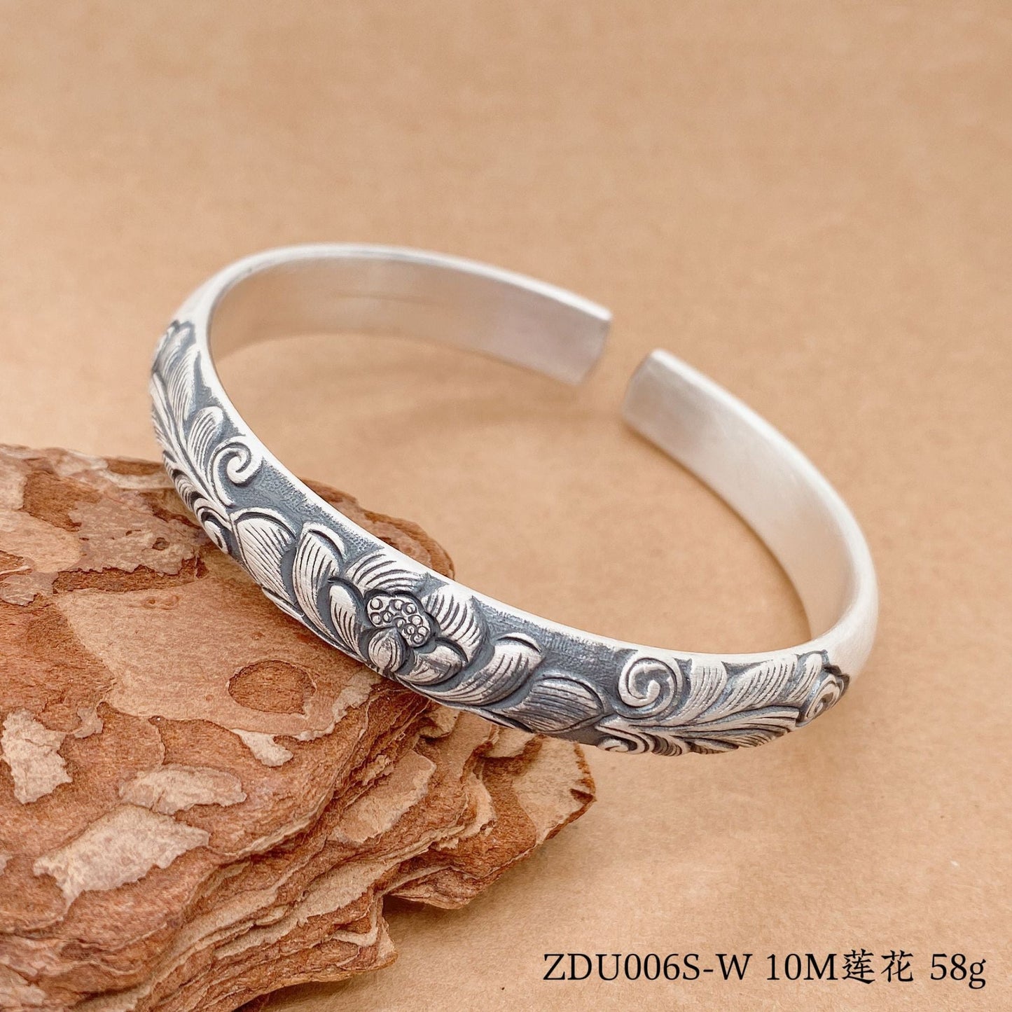 Ethnic style lotus peony sterling silver bracelet - jewelry - weilin.com