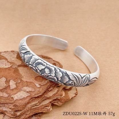 Ethnic style lotus peony sterling silver bracelet - jewelry - weilin.com
