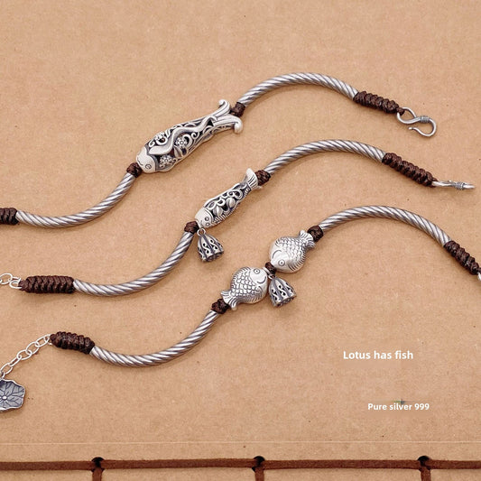 Ethnic style lucky fish sterling silver bracelet - jewelry - weilin.com