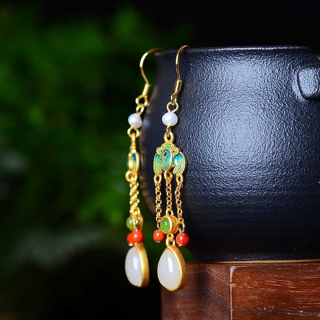 925 Silver Inlaid Hetian Jade Teardrop Earrings