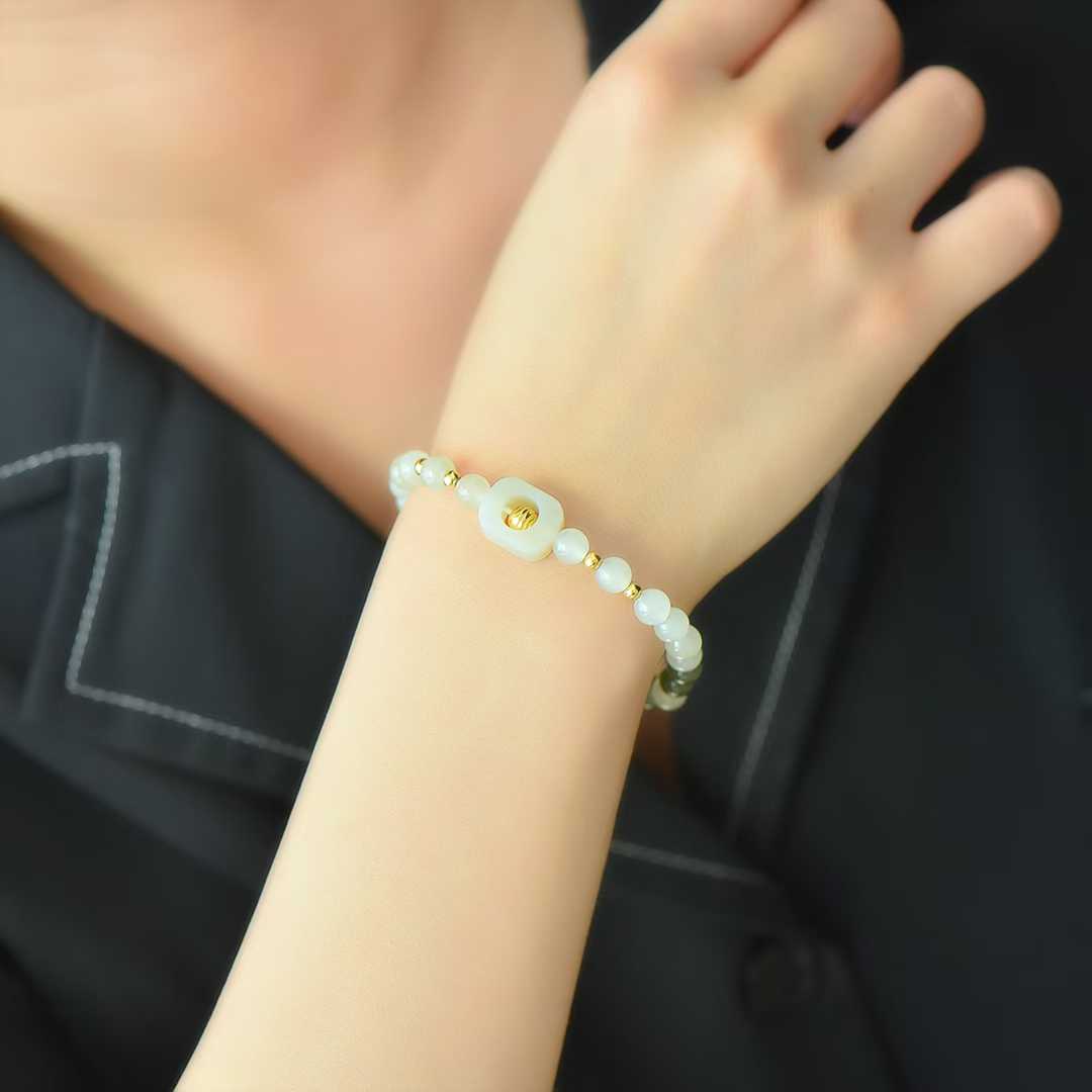 Hetian Nephrite (Sunny Water Material) 6mm Beads & Hollow Lucky Charm Multi-Gem Bracelet