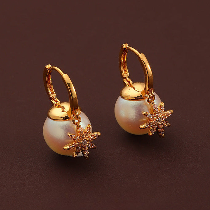 Retro Fashion Eight-pointed Star Pearl Zircon Earrings - jewelryweilin