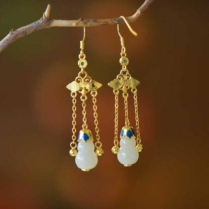 925 Silver Inlaid Nephrite "Blessings, Prosperity & Health" Tassel Earrings