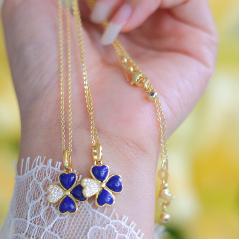Natural Lapis Lazuli Four-Leaf Clover Heart Pendant