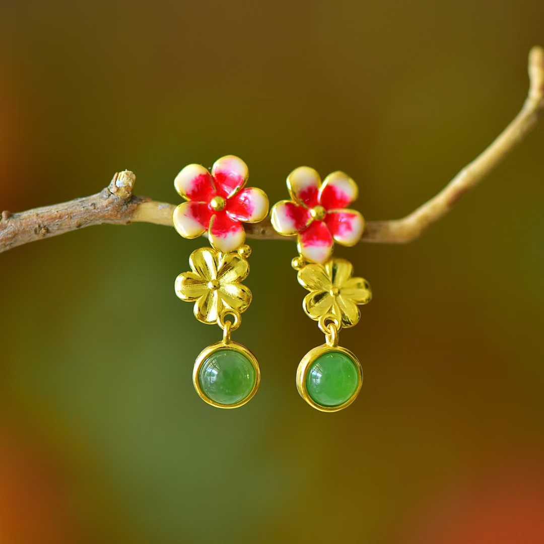  Elegant blooming plum blossoms detail on Hetian nephrite and sterling silver jewelry set