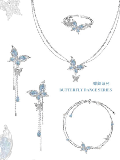 Frozen Ice Blue Butterfly Double Layer Pearl Bracelet