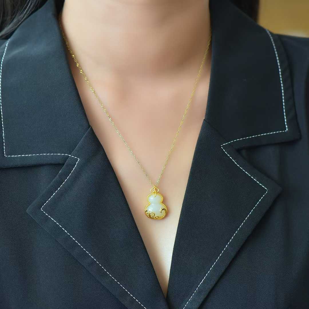 S925 Silver Inlaid Nephrite "Gourd & Phoenix" Pendant