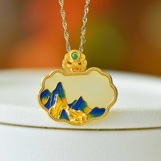 925 Silver-Inlaid Hetian Jade Pendant with "Wanshui Qianshan" (Endless Mountains and Rivers) & "Ruyi Lock" Design