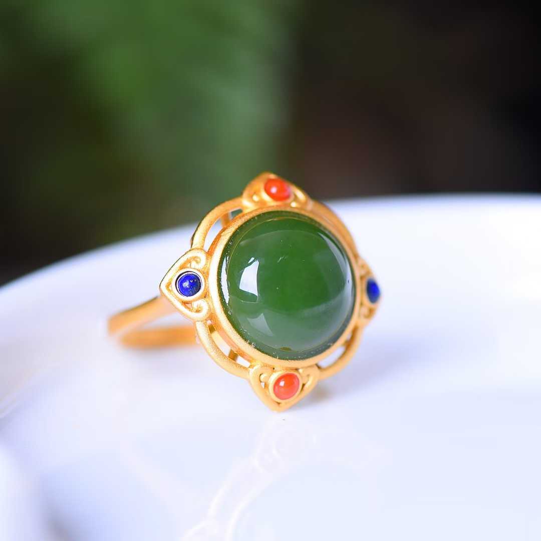 925 Silver Inlaid Vintage-Style Silver & Green Jade Cabochon Ring