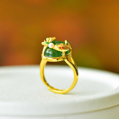 925 Silver Inlaid Hetian Spinach Green Nephrite "Abundance Every Year" Fish Ring