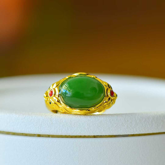 925 Silver Inlaid Enamel and Hetian Green Nephrite "Peace and Longevity" Ring