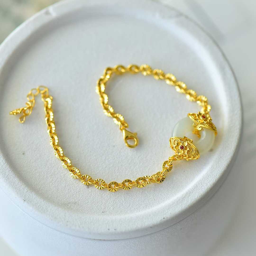 925 Silver Inlaid Enamel & Hetian Nephrite "Peace Always" Bracelet