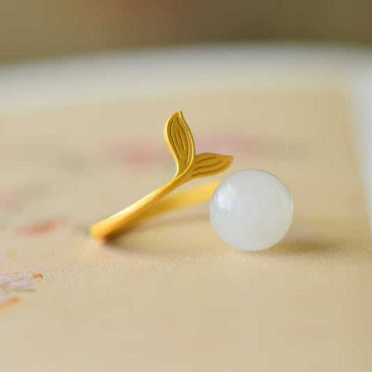 925 Silver Inlaid Hetian Nephrite Mermaid Tail Ring