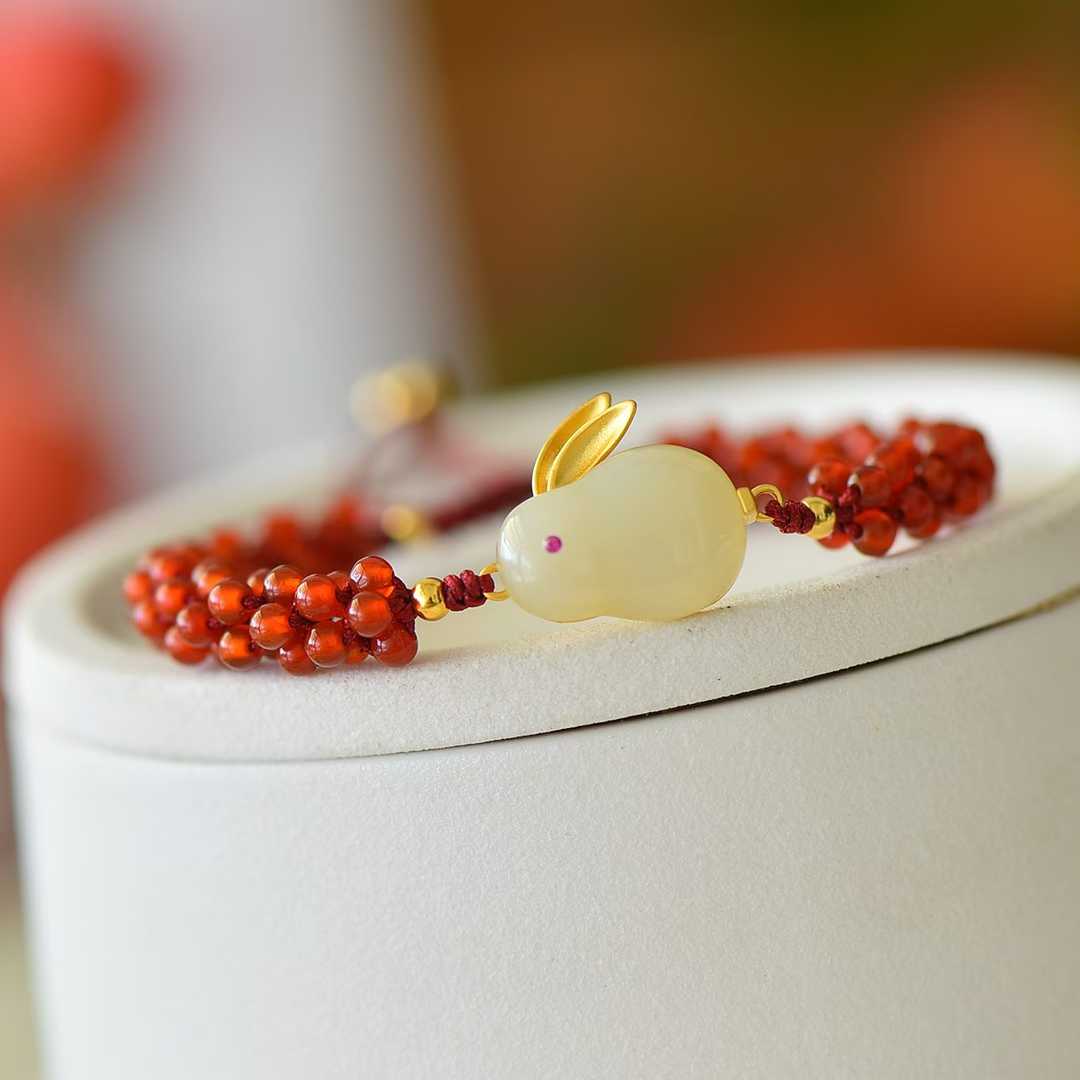 Detailed rabbit and fortune pattern on Hetian jade - premium bracelet
