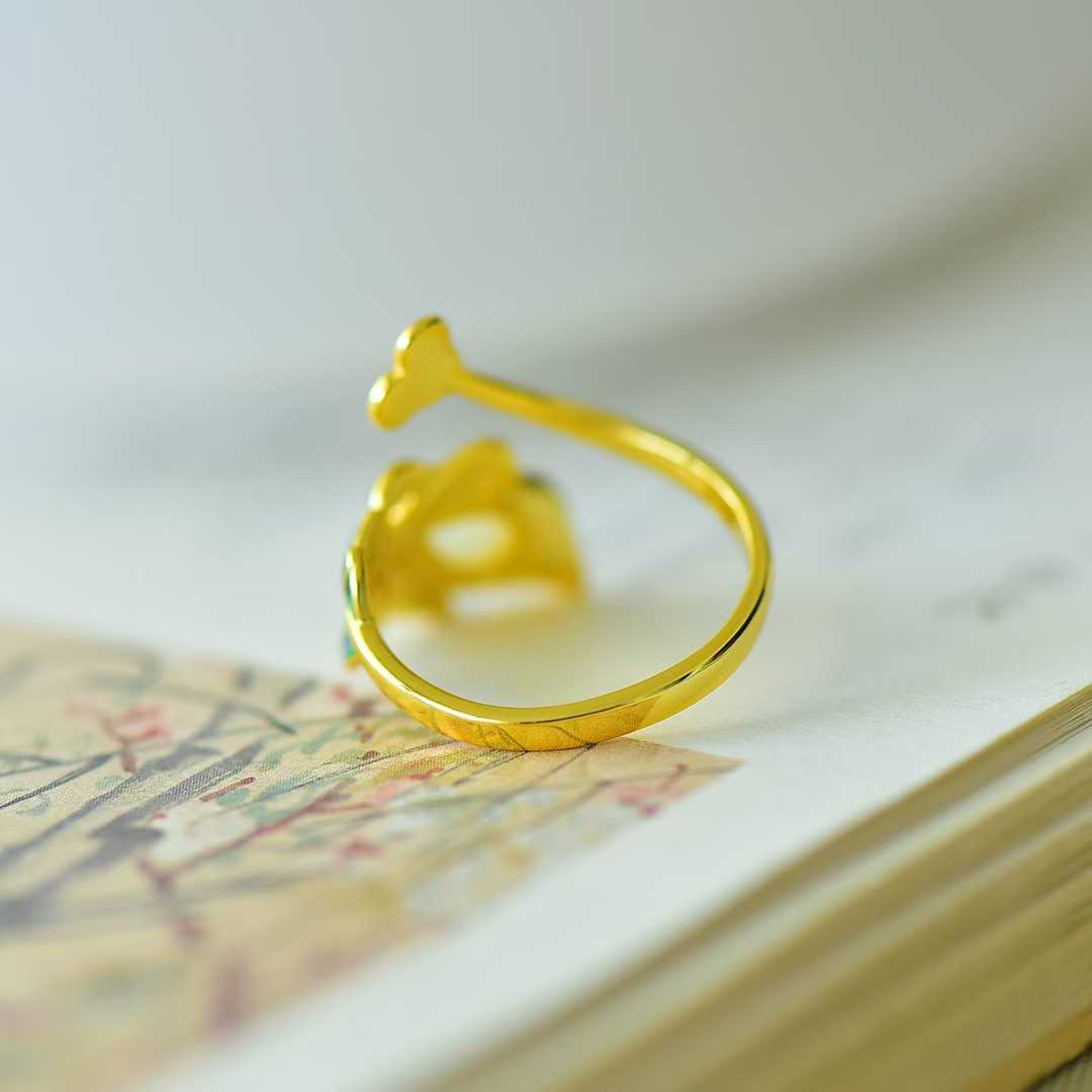 S925 Silver Inlaid Nephrite "Golden Branch Jade Leaf" Enamel Ring