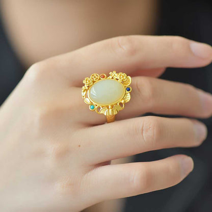 S925 Silver Inlaid Hetian Nephrite "Happiness Before One's Eyes" Ring